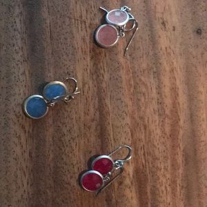 3 pairs of small jeweled colored drop earrings.
